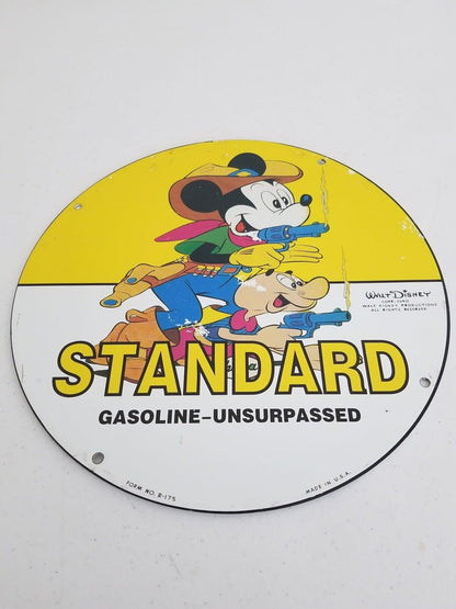 Vintage 1940s Mickey Mouse Cowboy-Themed Porcelain Gasoline Sign - 10" Collectible - TreasuTiques