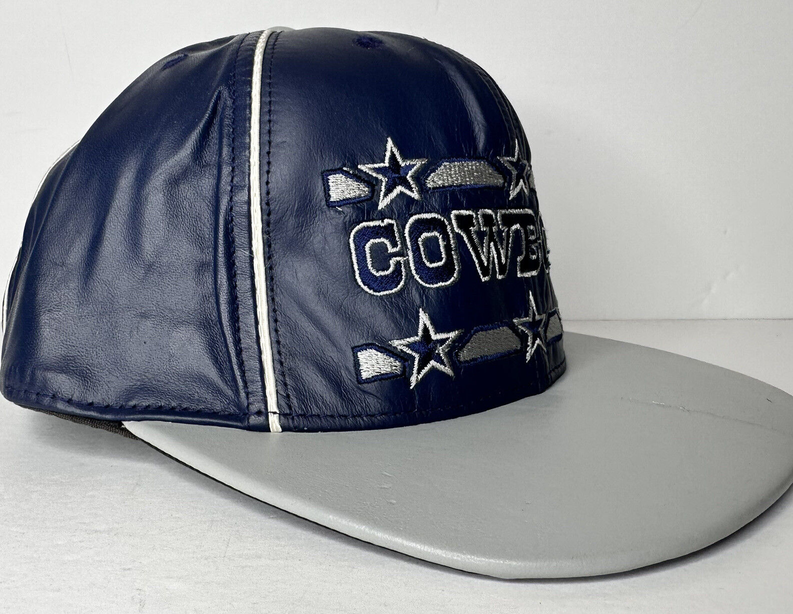 Vintage Dallas Cowboys James Hamilton Leather Hat - Embroidered Blue & Gray Cap with Scratch - TreasuTiques