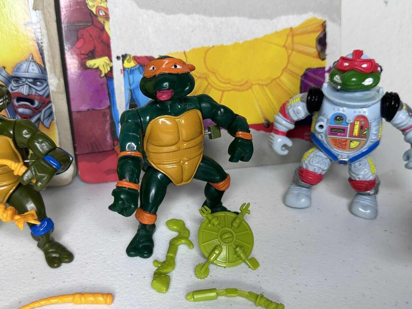 Vintage TMNT Figure Lot - 6 Characters with Original Card Backs & Accessories - Classic Teenage Mutant Ninja Turtles Collectibles - TreasuTiques