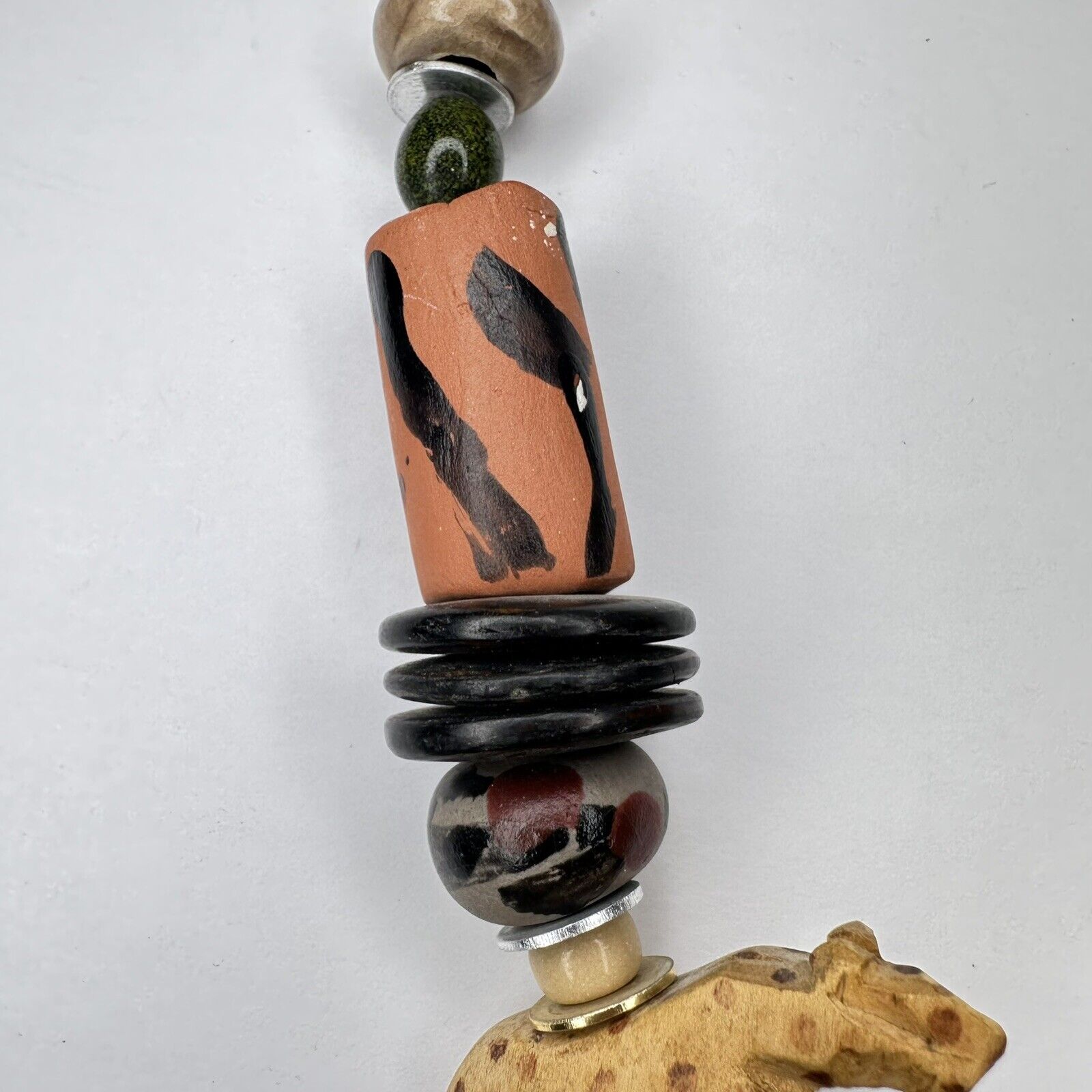 Vintage Artisan Cheetah Wood Beaded Safari Jungle Animal Necklace - Unique Handmade African-Inspired Jewelry - TreasuTiques