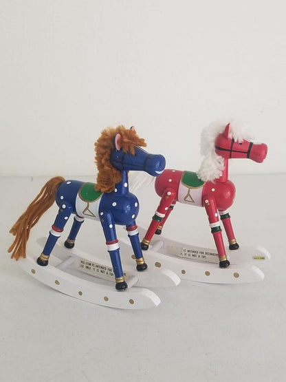 Charming Vintage Wooden Rocking Horse Christmas Decor with Yarn Mane - Collectible 6" Ornament Set - TreasuTiques