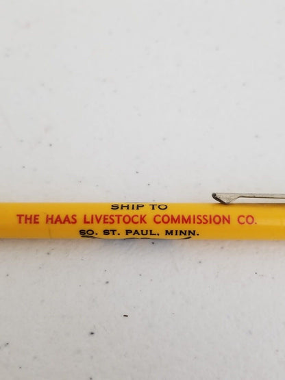 Vintage Scripto Yellow Mechanical Pencil - Haas Livestock Commission Collectible - TreasuTiques