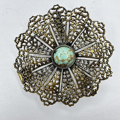 Elegant Vintage Art Deco Filigree Brooch with Turquoise Glass Cabochon – Exquisite Antique Jewelry Clip Pin - TreasuTiques