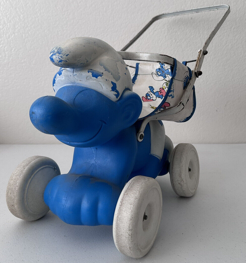 Rare 1982 Coleco Smurf Piggyback Doll Stroller - Vintage Blue & White Collectible Toy - TreasuTiques