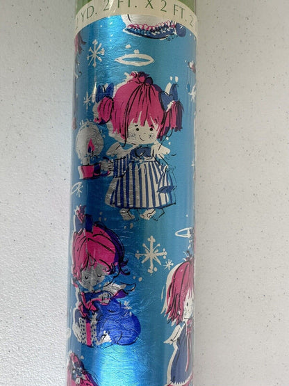 Vintage 1960s Angelic Children and Reindeer Christmas Foil Wrapping Paper Roll - 17 SQ FT, Blue - Sculptured Foil by Kaycrest - TreasuTiques