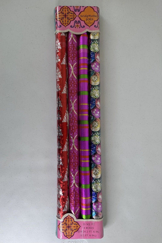 Vintage 1960s Kaycrest Christmas Foil Wrap Set - 4 Rolls with Snowflakes & Trees - TreasuTiques