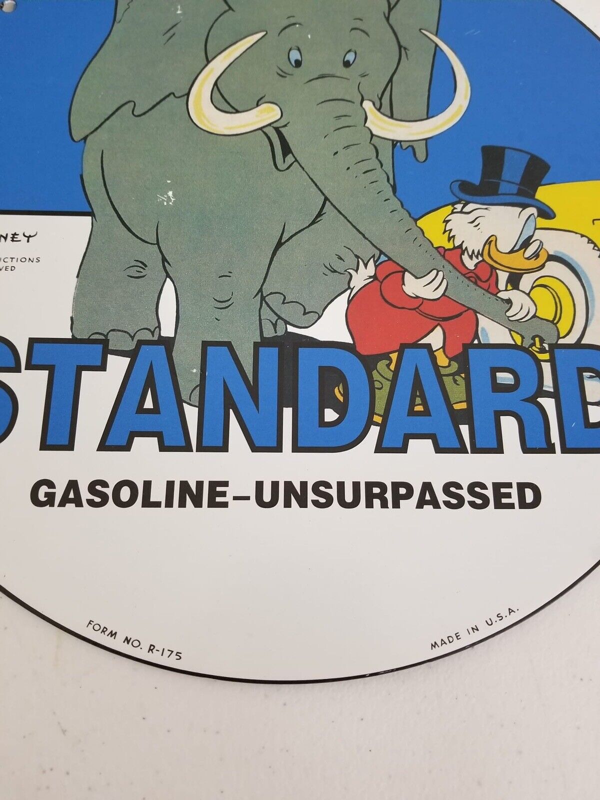 Vintage 1940s Disney Donald Duck & Elephant STANDARD Gasoline Porcelain Sign - 10" Disneyland Collectible - TreasuTiques