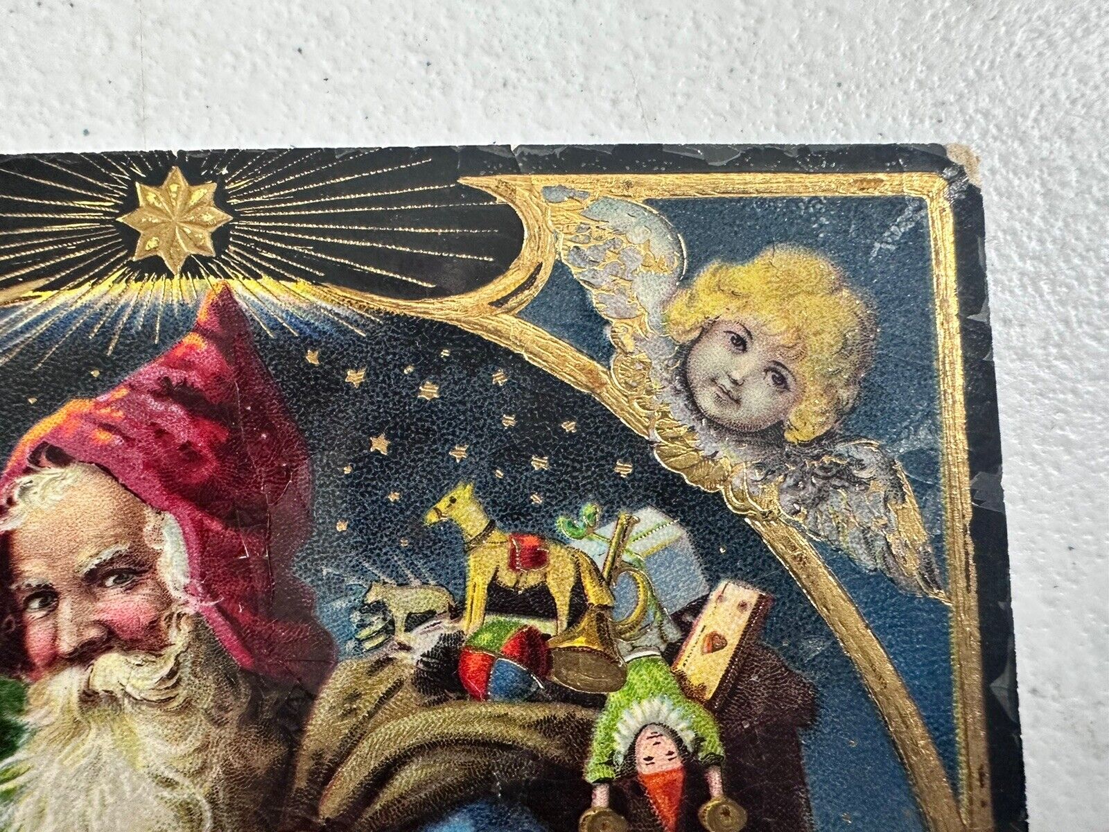 Rare Antique 1911 Blue Coat Santa Christmas Postcard - Cherubs, Gilded Stars, Collectible - TreasuTiques