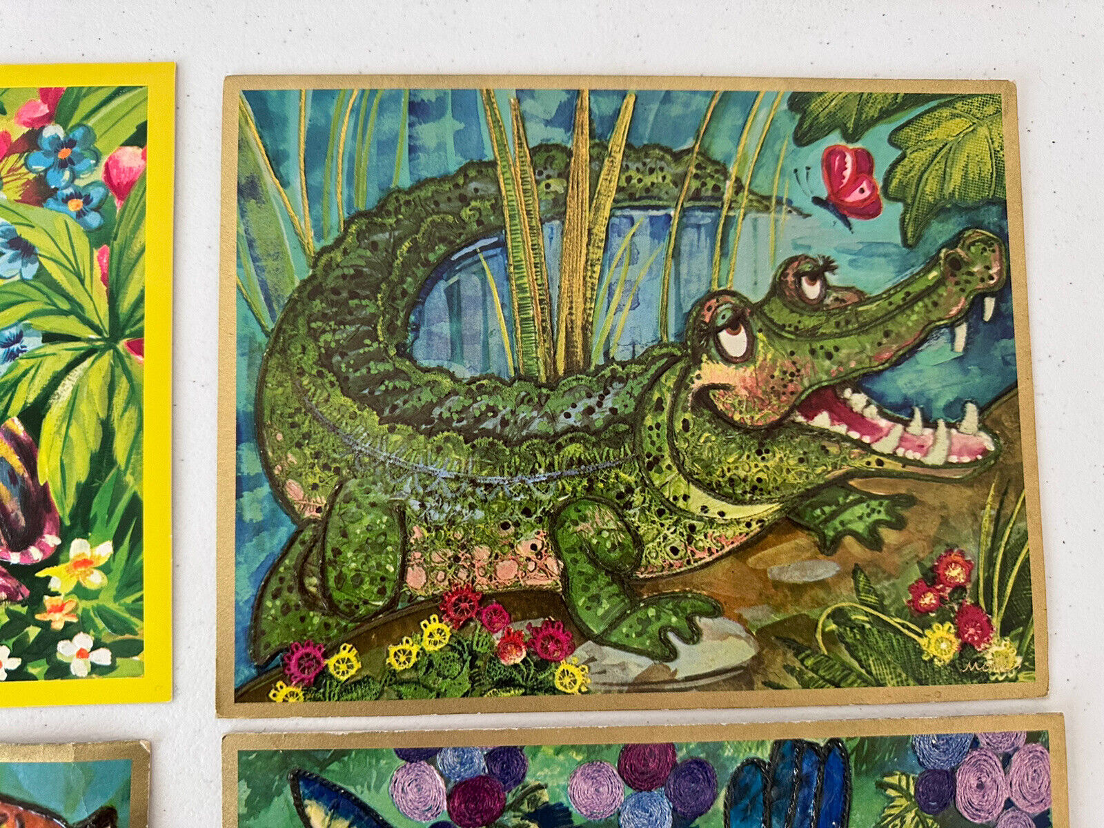 Set of 4 Vintage 1970 Quality Crest & Monte Greeting Cards - Parrot, Zebra, Alligator & Jungle Animal Art - TreasuTiques
