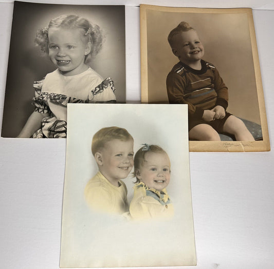 LOT of 3 Vintage 1940s Sibling Photography - Charming 8x10 Brother & Sister Portraits - TreasuTiques