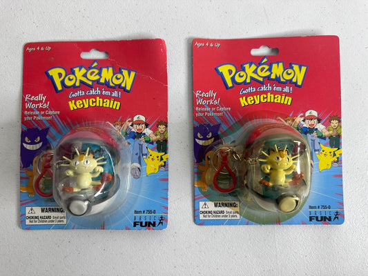 Vintage 1999 Pokémon Meowth Catch & Release Keychain Pokéball - Sealed Lot of 2 - TreasuTiques