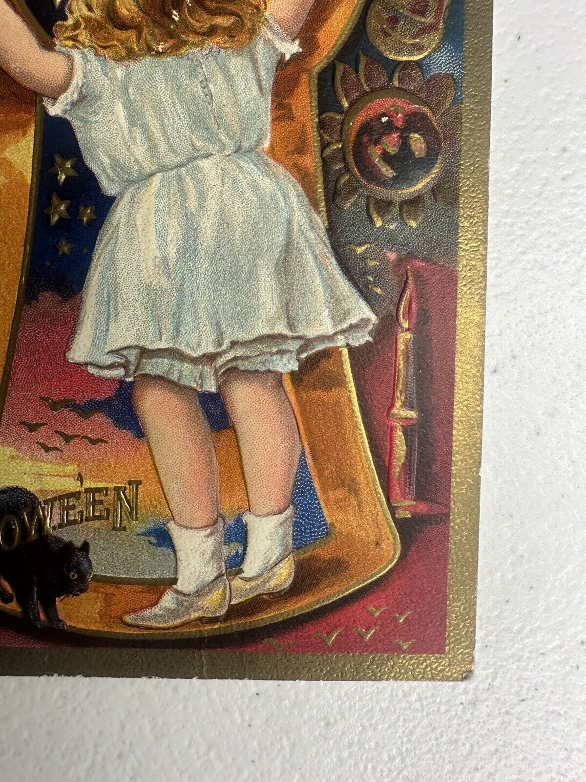 Rare 1910 Antique Halloween Collectible Card – Charming Girl in Midnight Imagery, Early Americana History - TreasuTiques