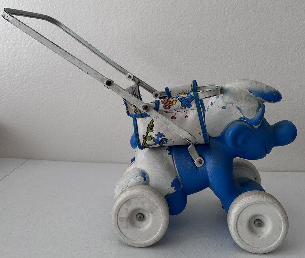 Rare 1982 Coleco Smurf Piggyback Doll Stroller - Vintage Blue & White Collectible Toy - TreasuTiques