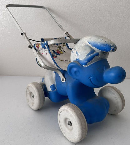 Rare 1982 Coleco Smurf Piggyback Doll Stroller - Vintage Blue & White Collectible Toy - TreasuTiques