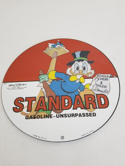 1940 Vintage Walt Disney Standard Gasoline Porcelain Sign - Scrooge McDuck Collectible - TreasuTiques