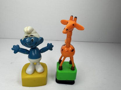Vintage 1980s Smurf & Giraffe Push Button Puppet Helm Set - Retro Collectible Toys - TreasuTiques