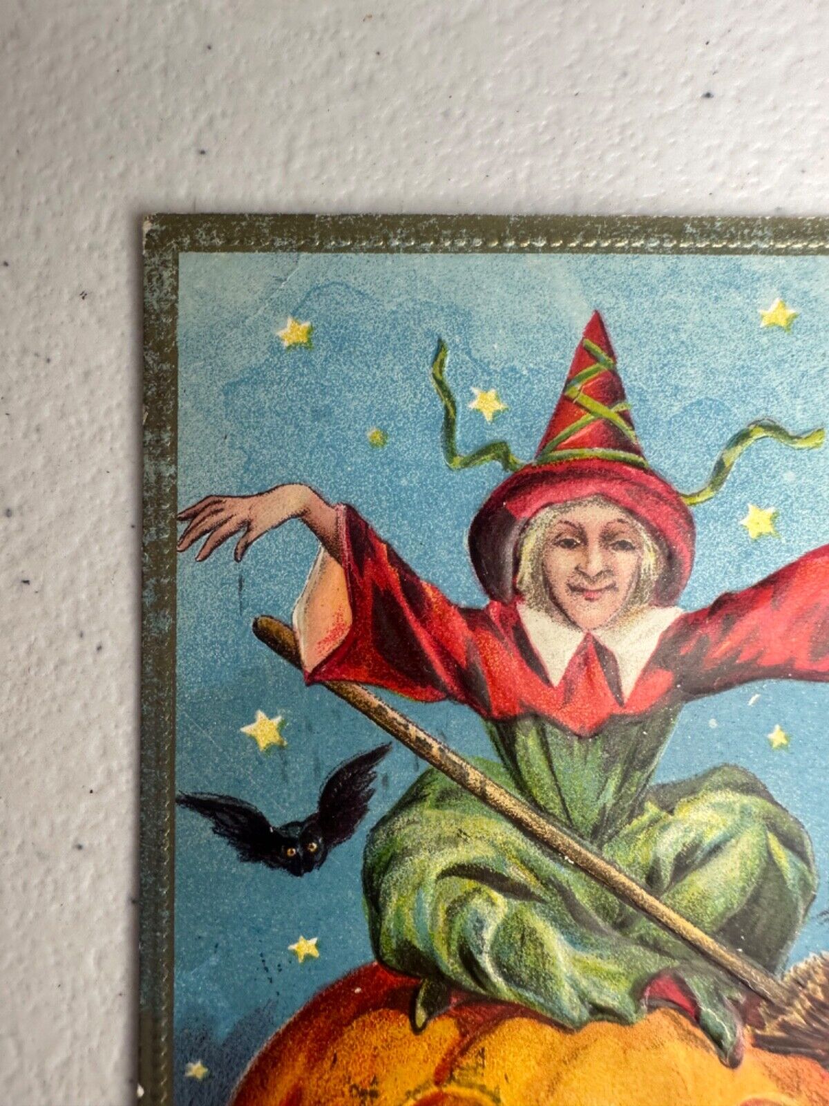 Rare 1911 Antique Halloween Postcard - Embossed Witch, Pumpkin, Bat & Black Cat - Collectible from Iowa - TreasuTiques