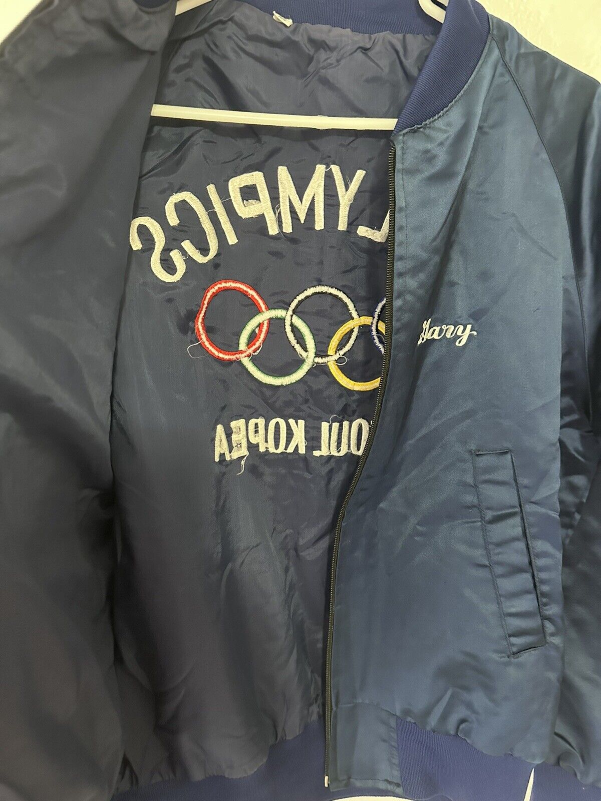 Rare Vintage 1988 Seoul Olympics Navy Bomber Jacket - Size XS, Embroidered 'Gary' - Unique Collectible Sports Memorabilia - TreasuTiques