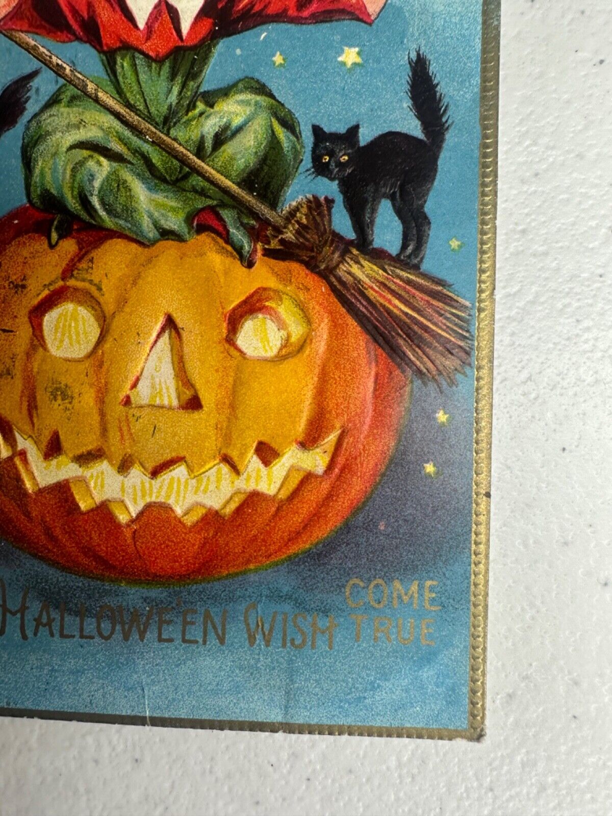 Rare 1911 Antique Halloween Postcard - Embossed Witch, Pumpkin, Bat & Black Cat - Collectible from Iowa - TreasuTiques