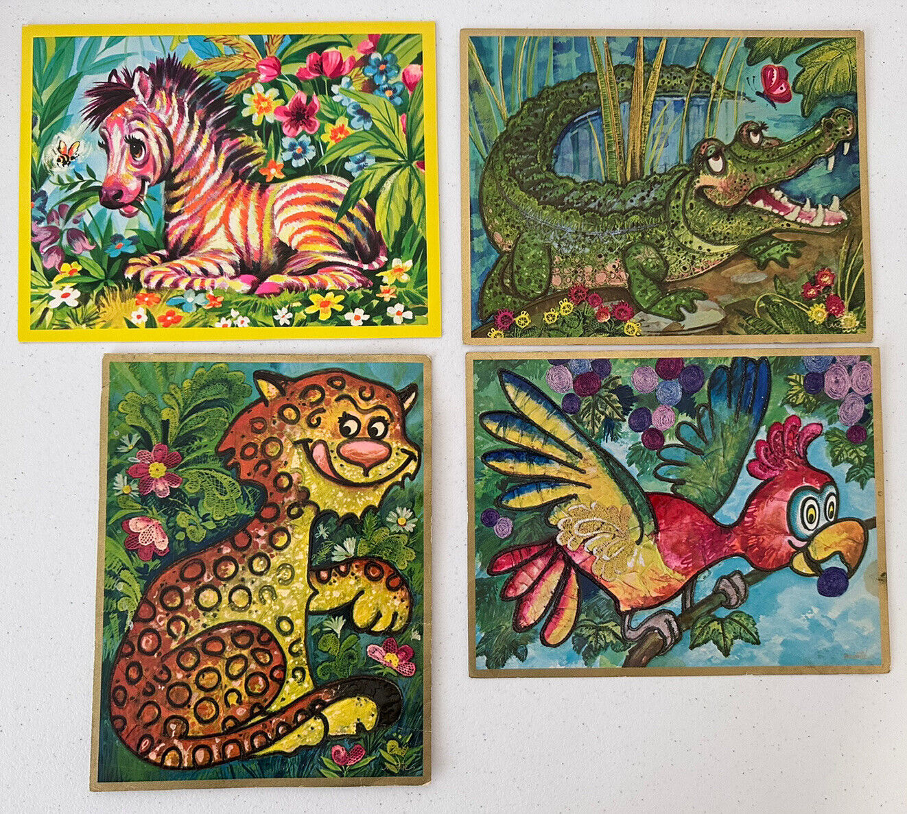 Set of 4 Vintage 1970 Quality Crest & Monte Greeting Cards - Parrot, Zebra, Alligator & Jungle Animal Art - TreasuTiques