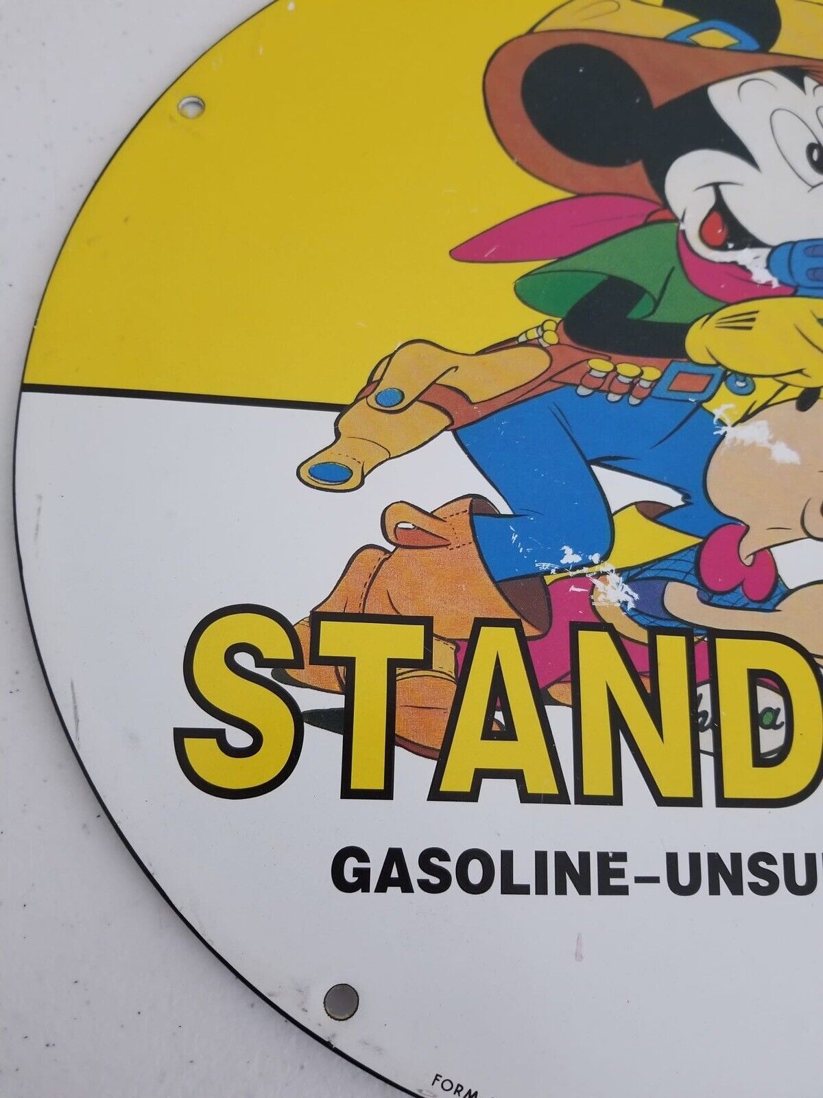 Vintage 1940s Mickey Mouse Cowboy-Themed Porcelain Gasoline Sign - 10" Collectible - TreasuTiques