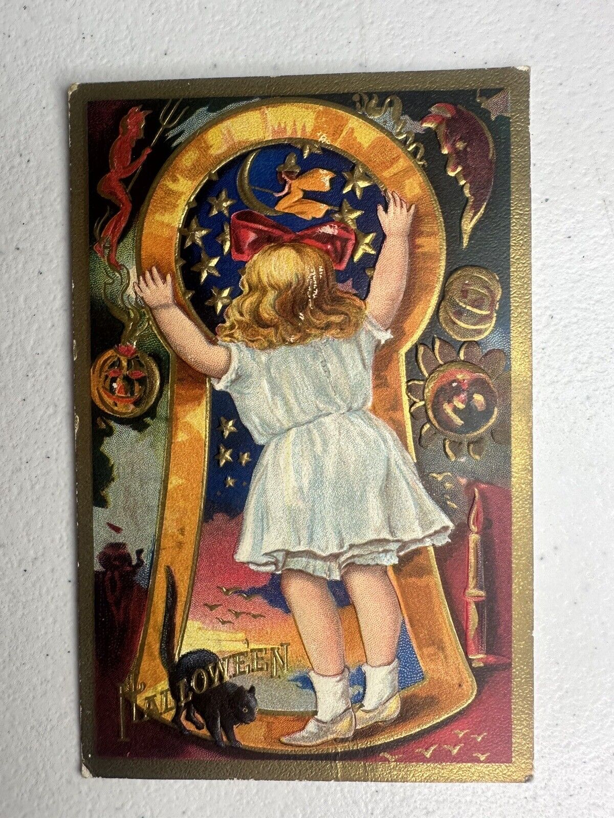 Rare 1910 Antique Halloween Collectible Card – Charming Girl in Midnight Imagery, Early Americana History - TreasuTiques