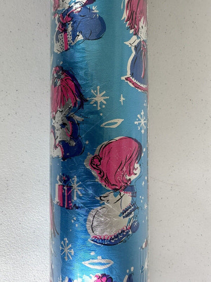 Vintage 1960s Angelic Children and Reindeer Christmas Foil Wrapping Paper Roll - 17 SQ FT, Blue - Sculptured Foil by Kaycrest - TreasuTiques