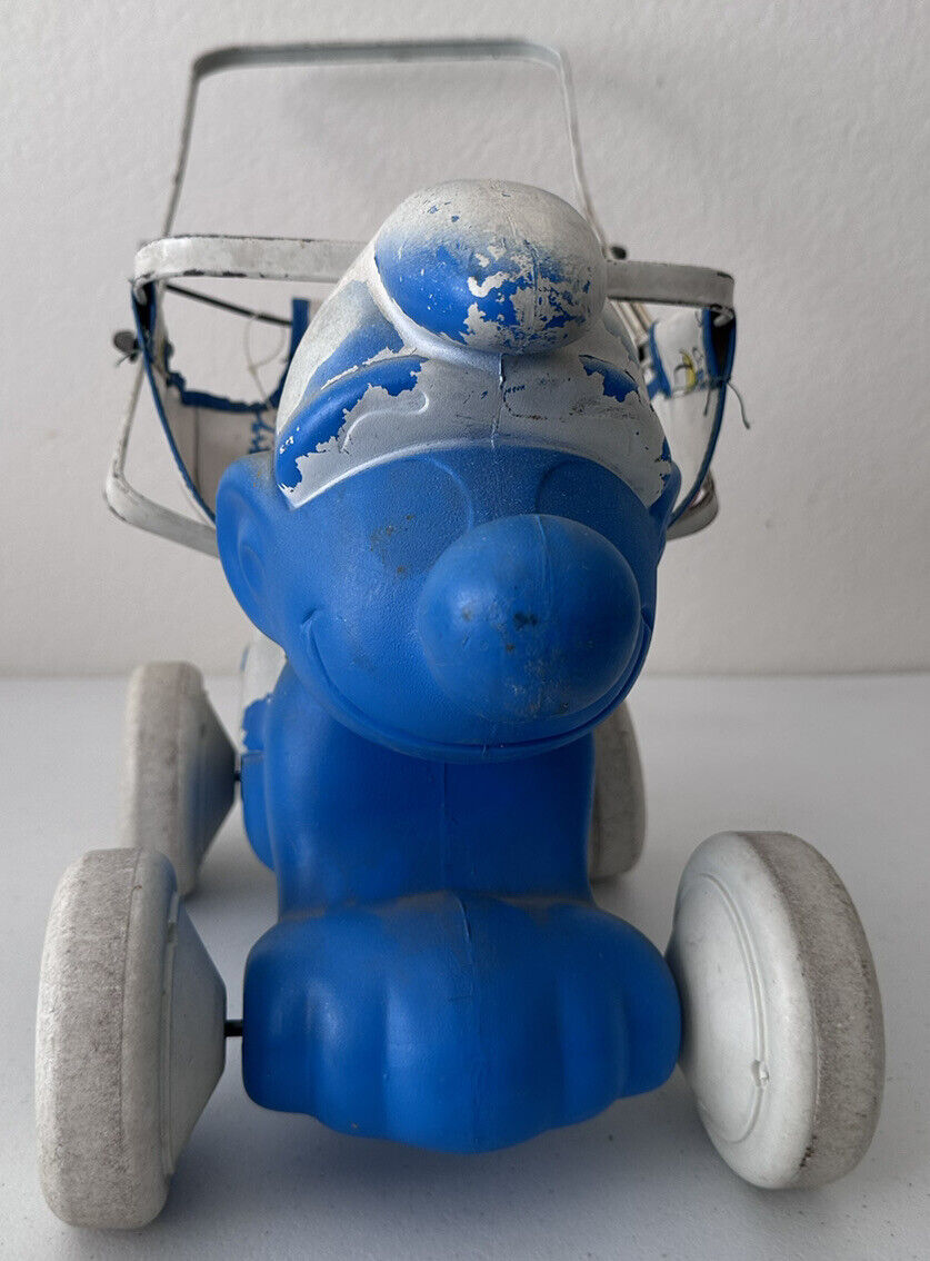 Rare 1982 Coleco Smurf Piggyback Doll Stroller - Vintage Blue & White Collectible Toy - TreasuTiques