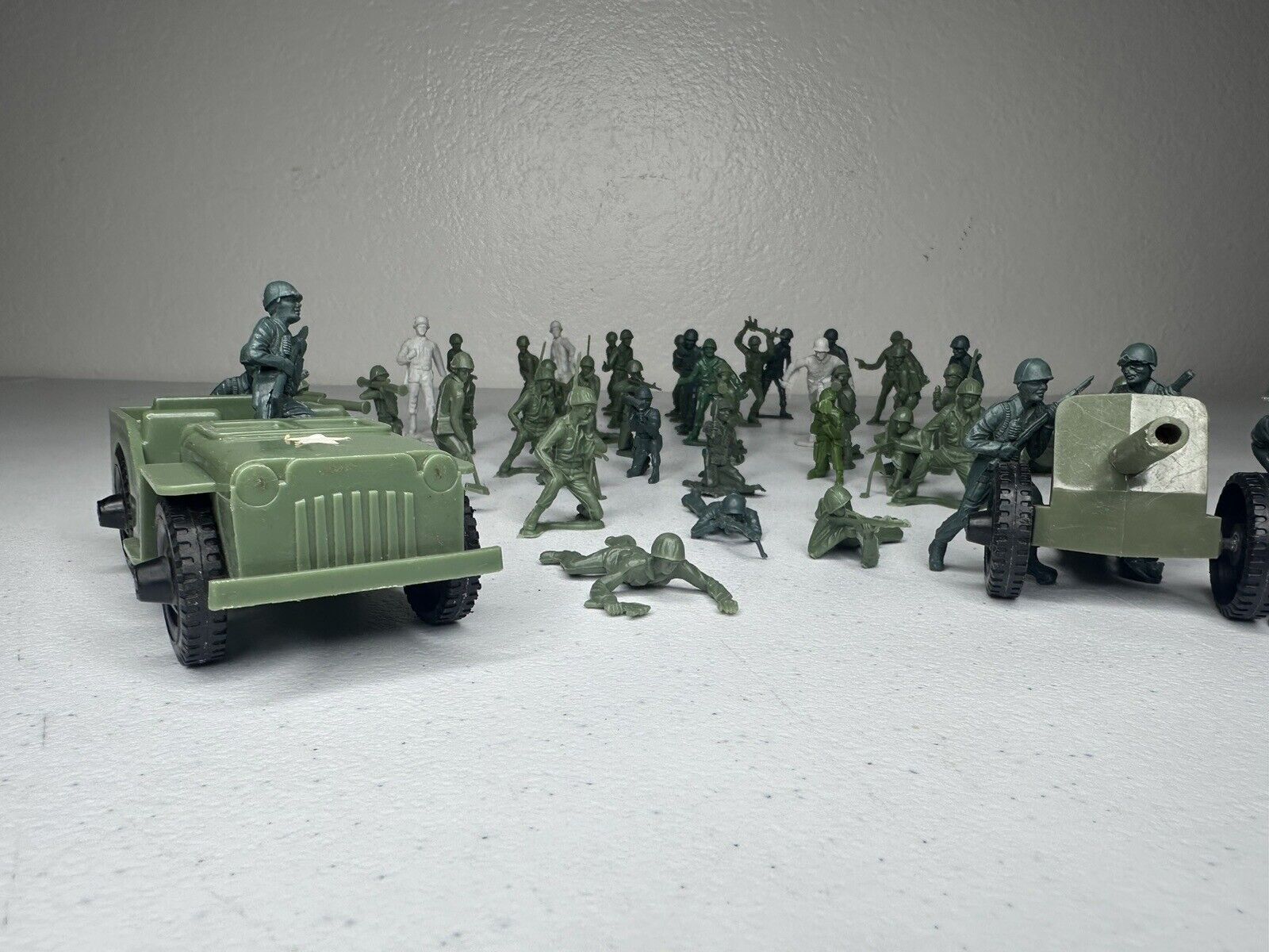 Vintage Tim-Mee & Marx Toy Soldier Lot with Army Jeep and Cannon Playset - Rare Collectible Military Figures - TreasuTiques