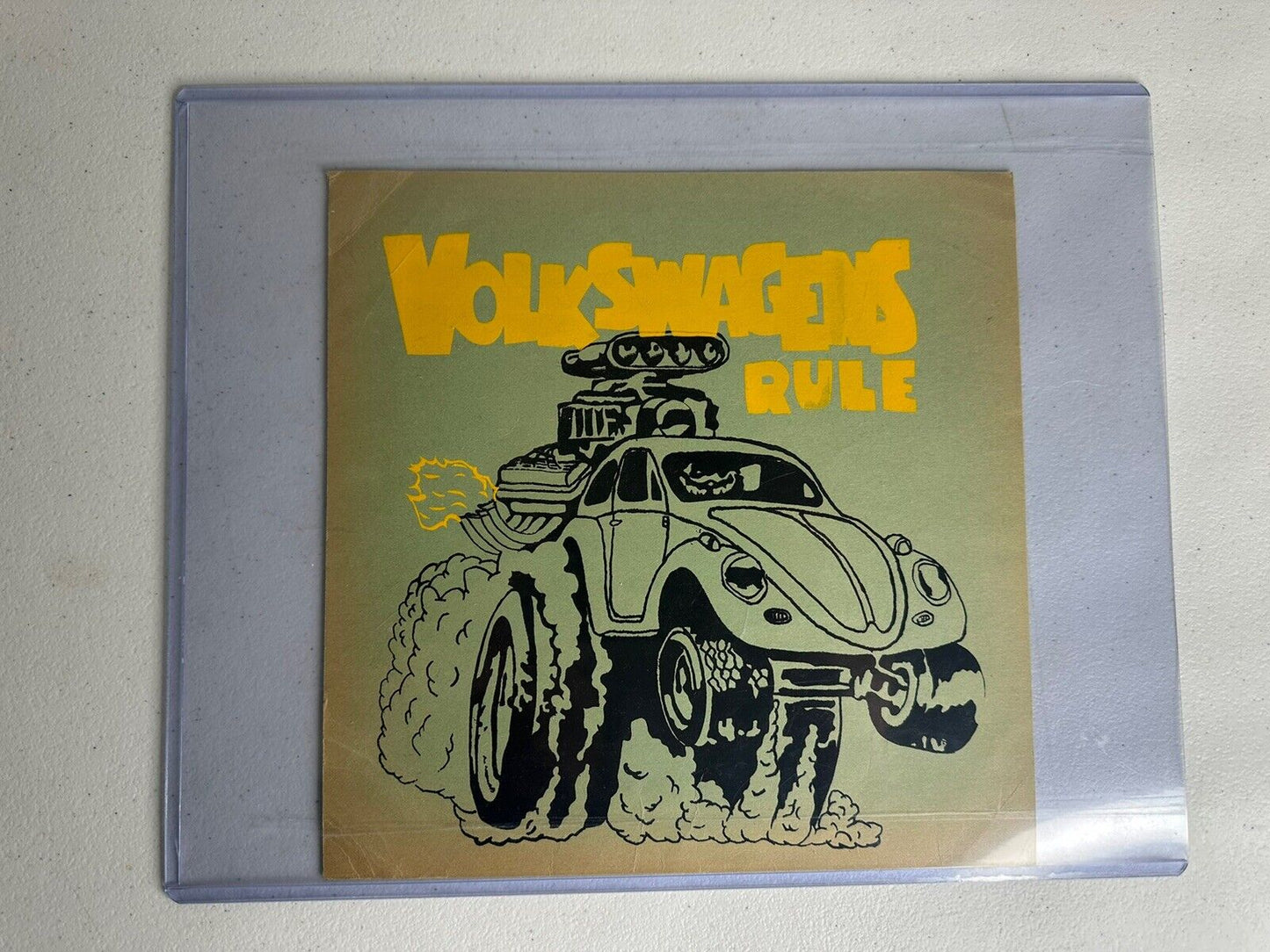 Vintage 1960s 'Volkswagens Rule' Gasser VW Bug Beetle Wall Art - Retro 10x10 Inch Gold-Toned Print - TreasuTiques