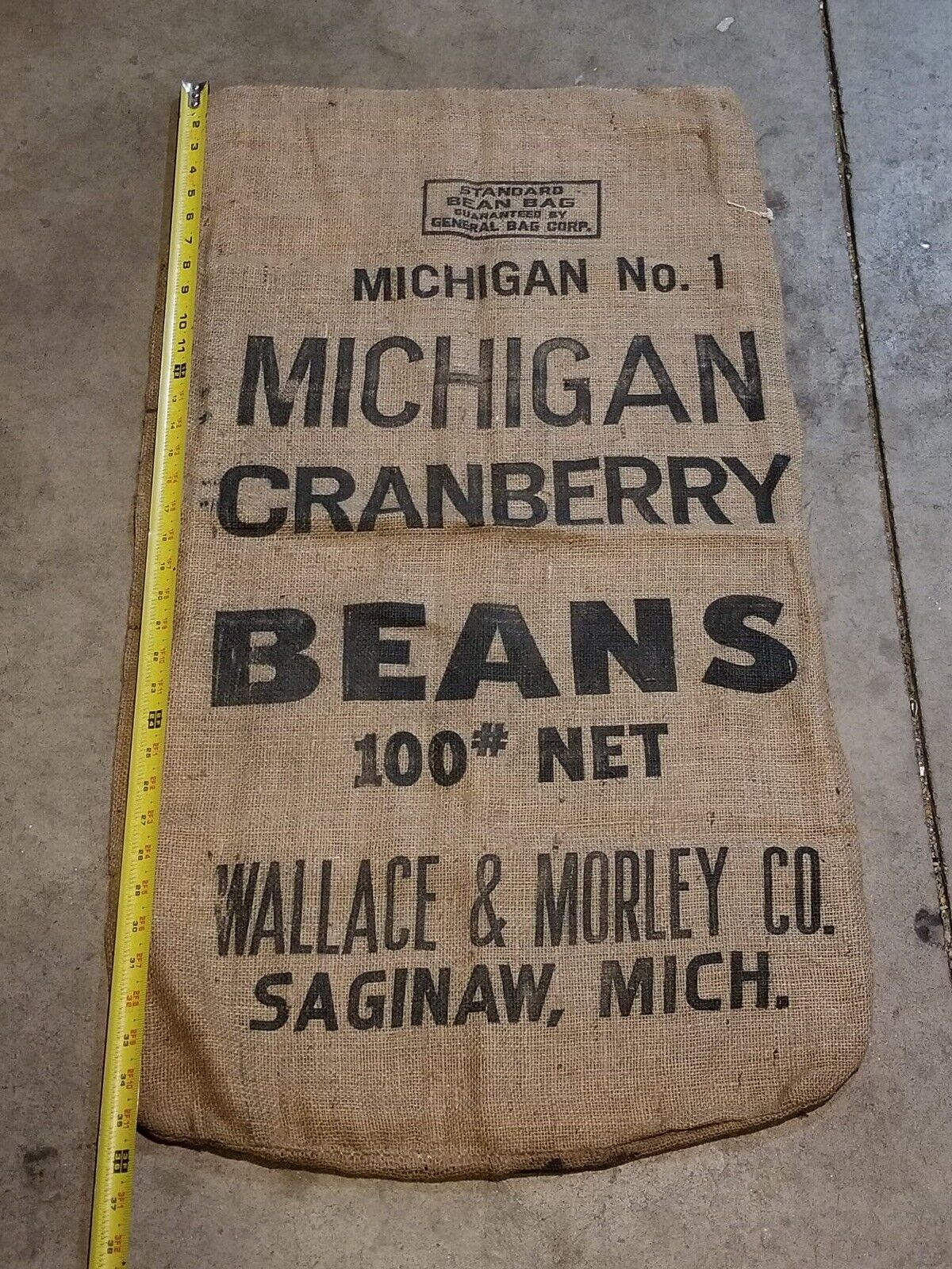 Vintage Michigan Cranberry Bean Burlap Sack - Wallace & Morley Co. Decor - TreasuTiques