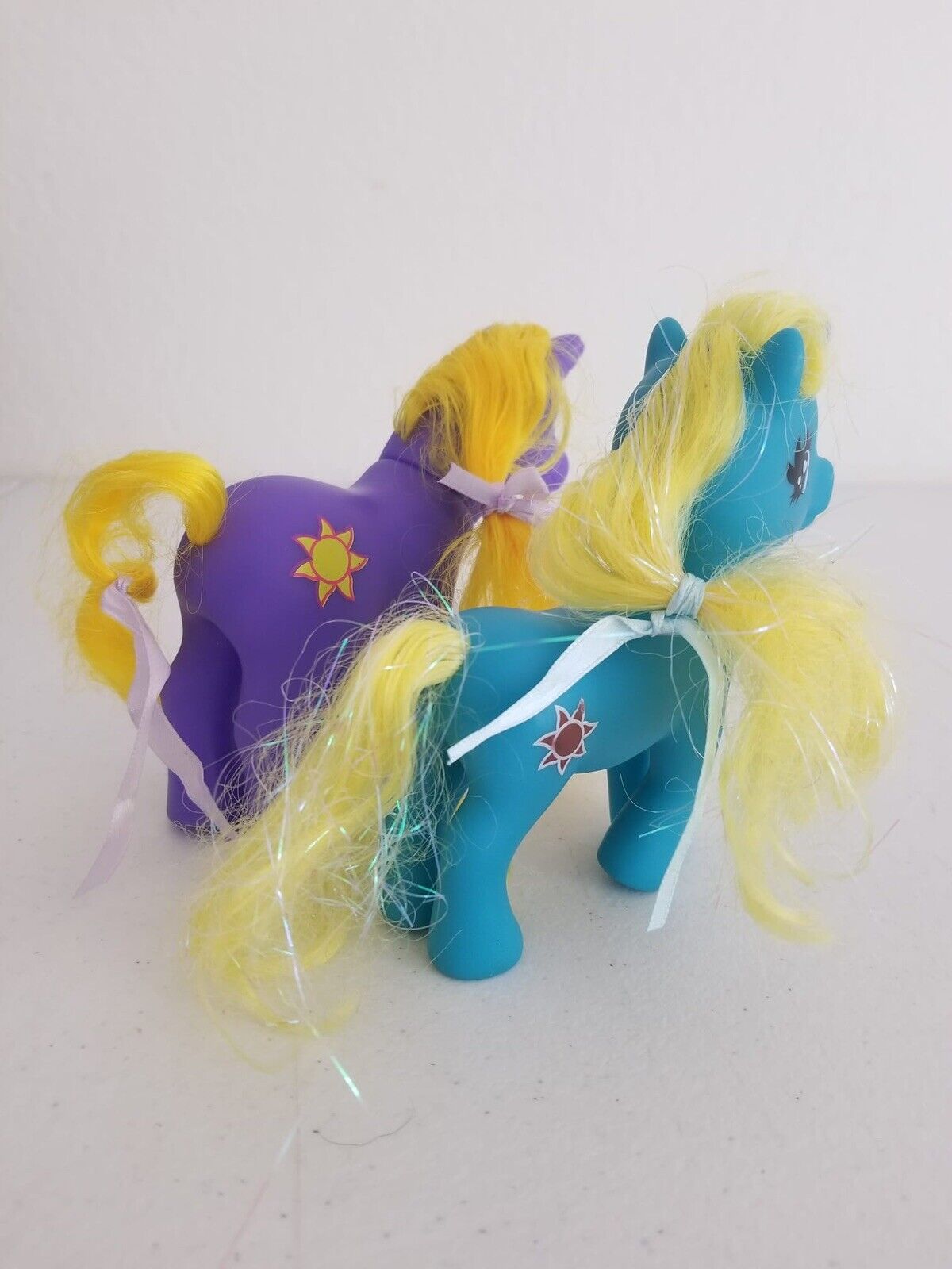 Charming Vintage Gi-Go Fakie Wonder Pony Land Unicorns - Purple with Sun Emblem & Blue with Yellow Mane - TreasuTiques