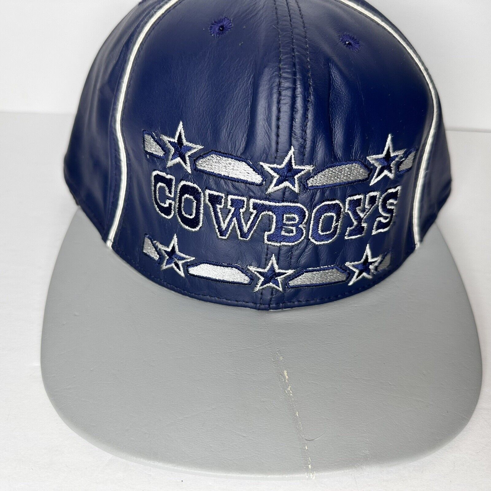 Vintage Dallas Cowboys James Hamilton Leather Hat - Embroidered Blue & Gray Cap with Scratch - TreasuTiques