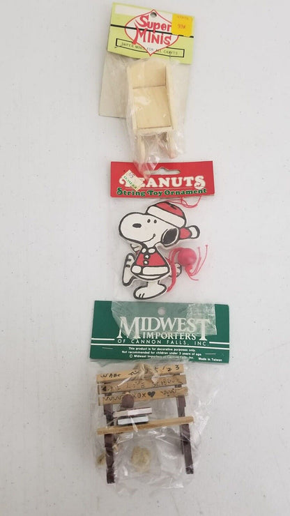 Vintage Peanuts Snoopy Christmas Ornament Set with Midwest Importers Wooden Sleds - Classic Holiday Decor Collection - TreasuTiques