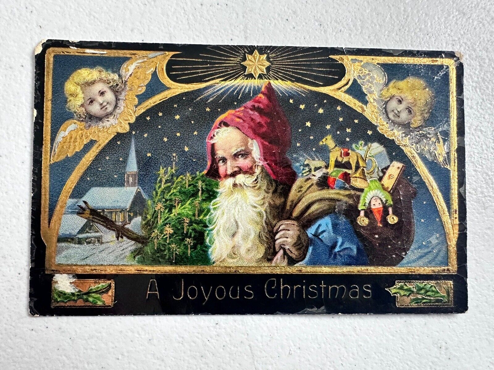 Rare Antique 1911 Blue Coat Santa Christmas Postcard - Cherubs, Gilded Stars, Collectible - TreasuTiques