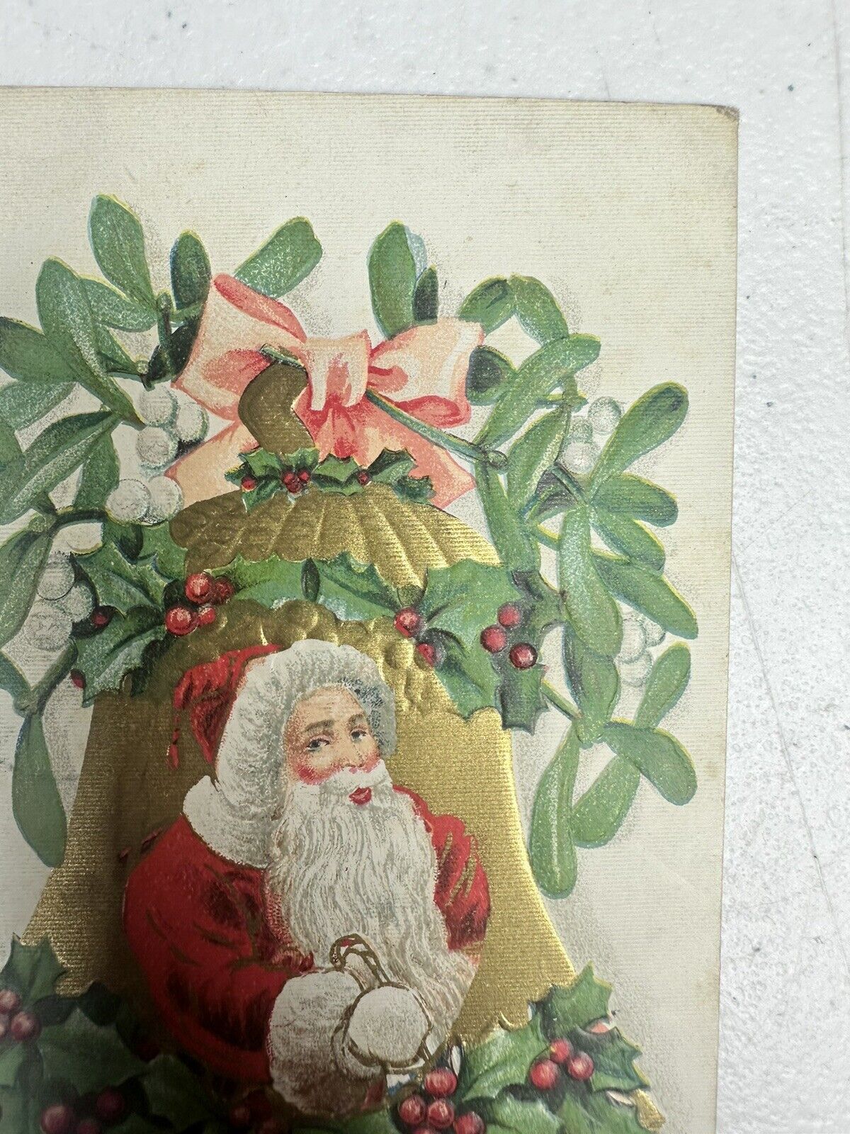Vintage Christmas Postcard - Mrs. Claus in Santa Suit under Embossed Bell with Mistletoe and Ivy - Antique Holiday Collectible - TreasuTiques