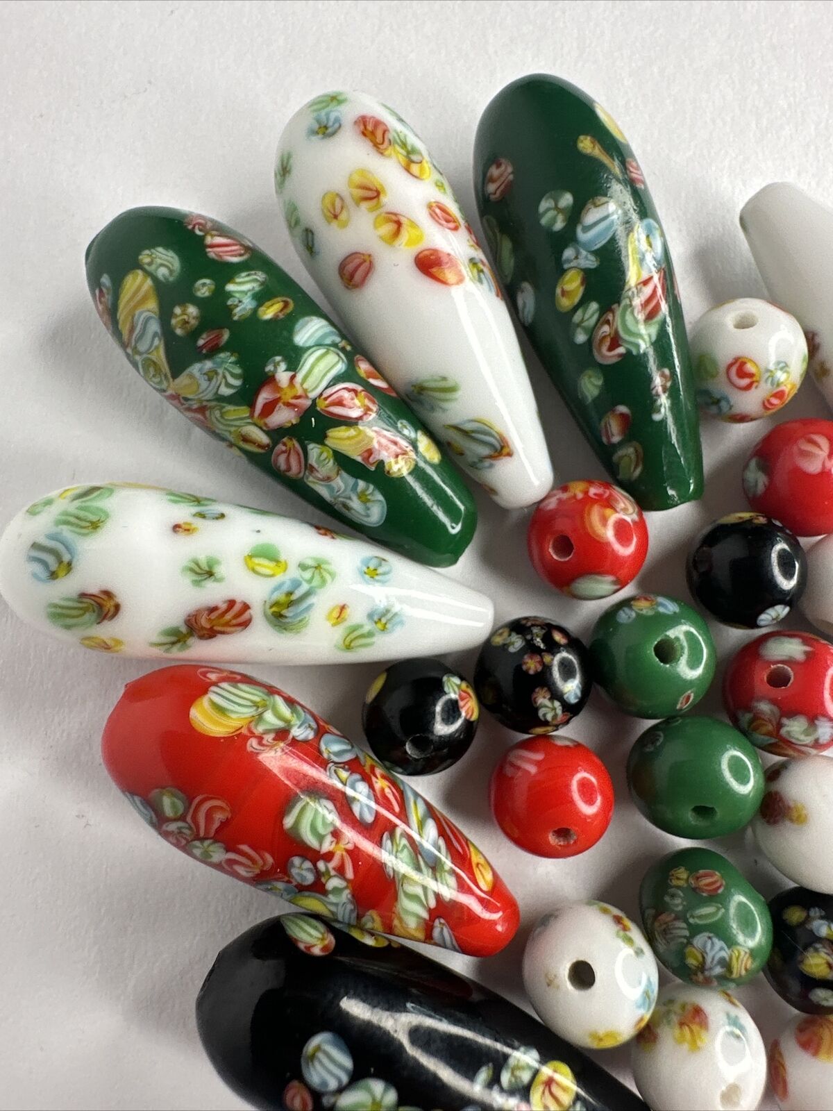 Exquisite 34 Vintage Venetian Murano Millefiori Hand Blown Teardrop Art Glass Capped Beads Collection - TreasuTiques