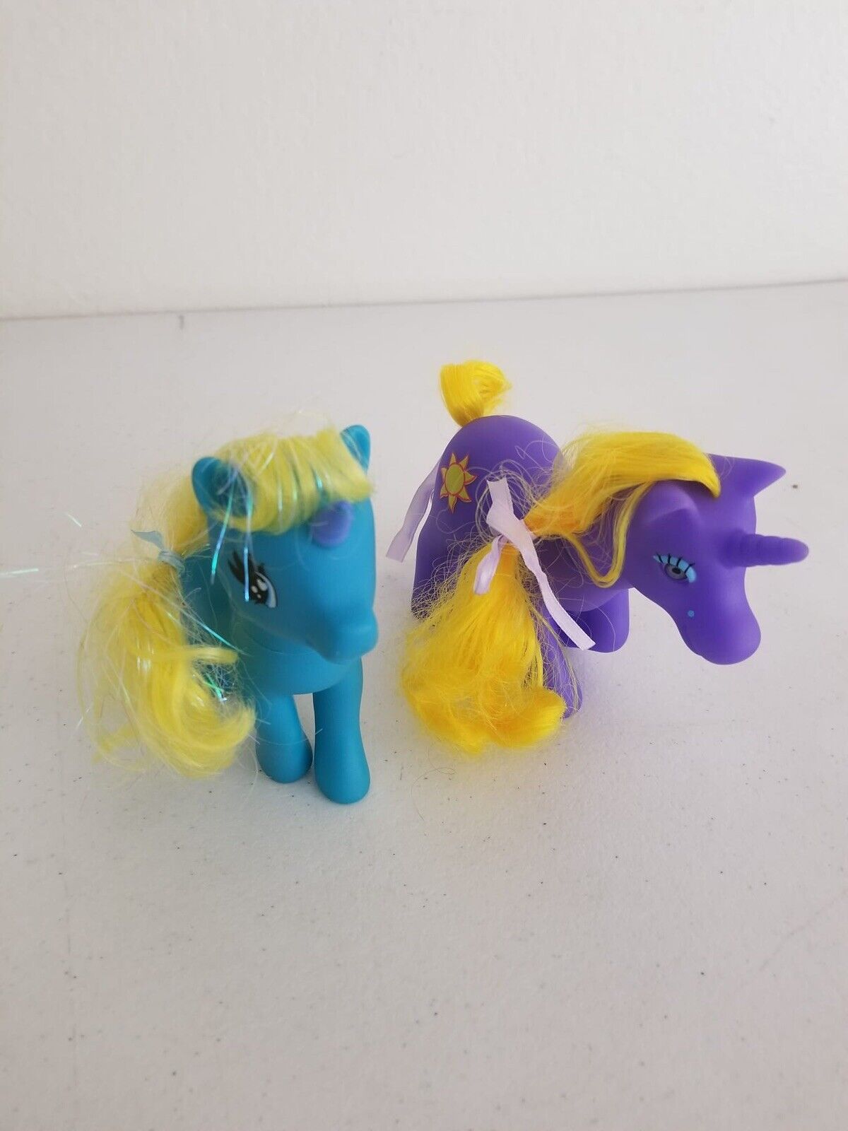 Charming Vintage Gi-Go Fakie Wonder Pony Land Unicorns - Purple with Sun Emblem & Blue with Yellow Mane - TreasuTiques