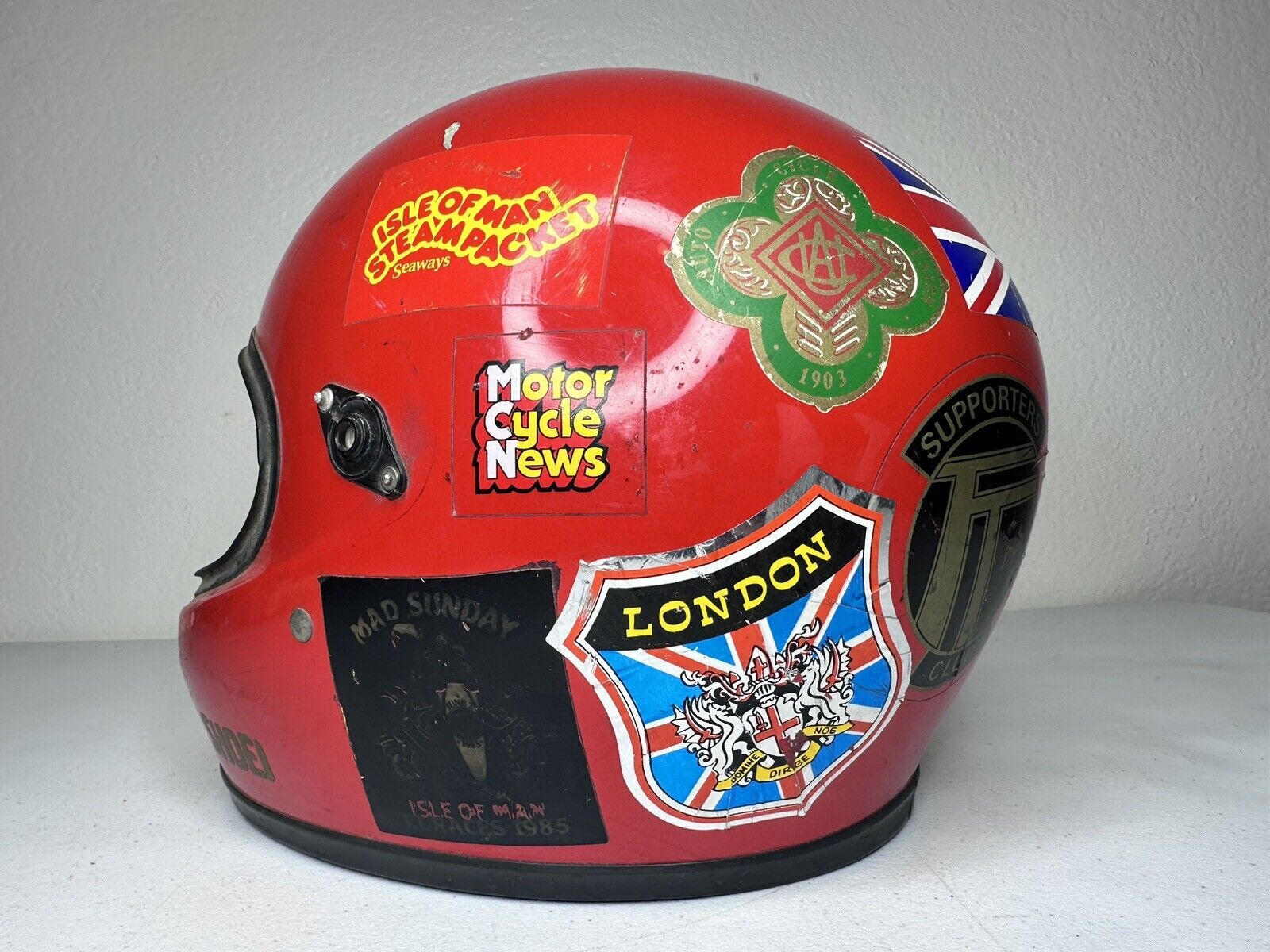 Vintage 1980s Shoei Racing Motorcycle Helmet - Red, Stickered Collectible (Size 7 1/8 - 7 1/4) - TreasuTiques