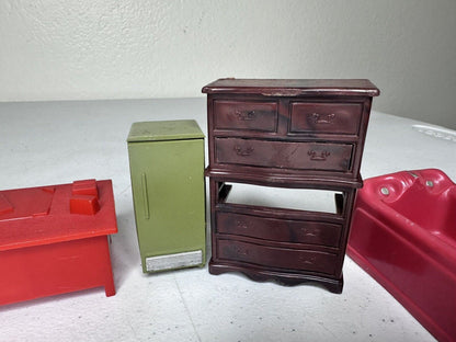 Vintage Dollhouse Furniture Lot - Unique Miniature Chair, Fridge, Drawers, and Bathtub Set - Perfect for Parts or Restoration Projects - TreasuTiques