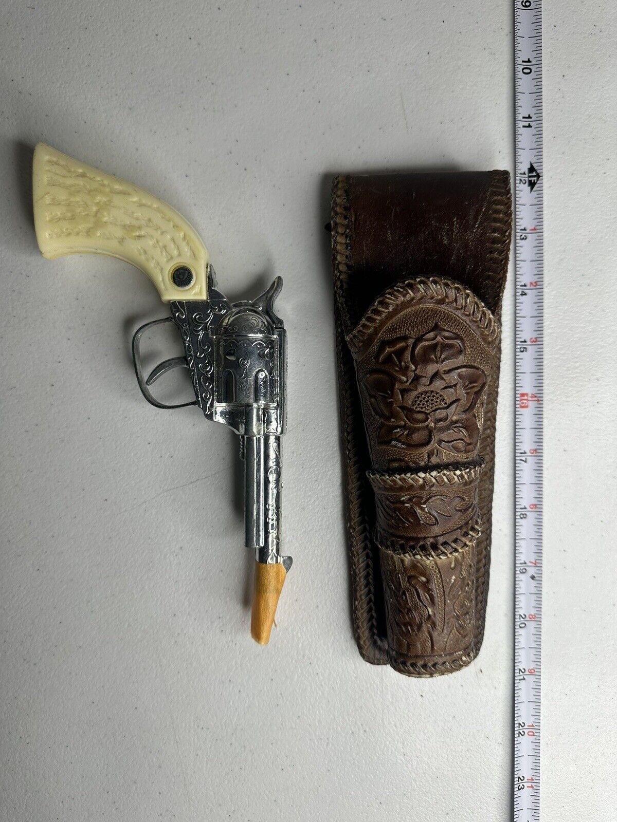 Vintage Kusan Inc. Western Six Shooter Toy Cap Gun #280 with Ornate Leather Holster - TreasuTiques