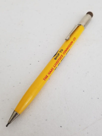 Vintage Scripto Yellow Mechanical Pencil - Haas Livestock Commission Collectible - TreasuTiques