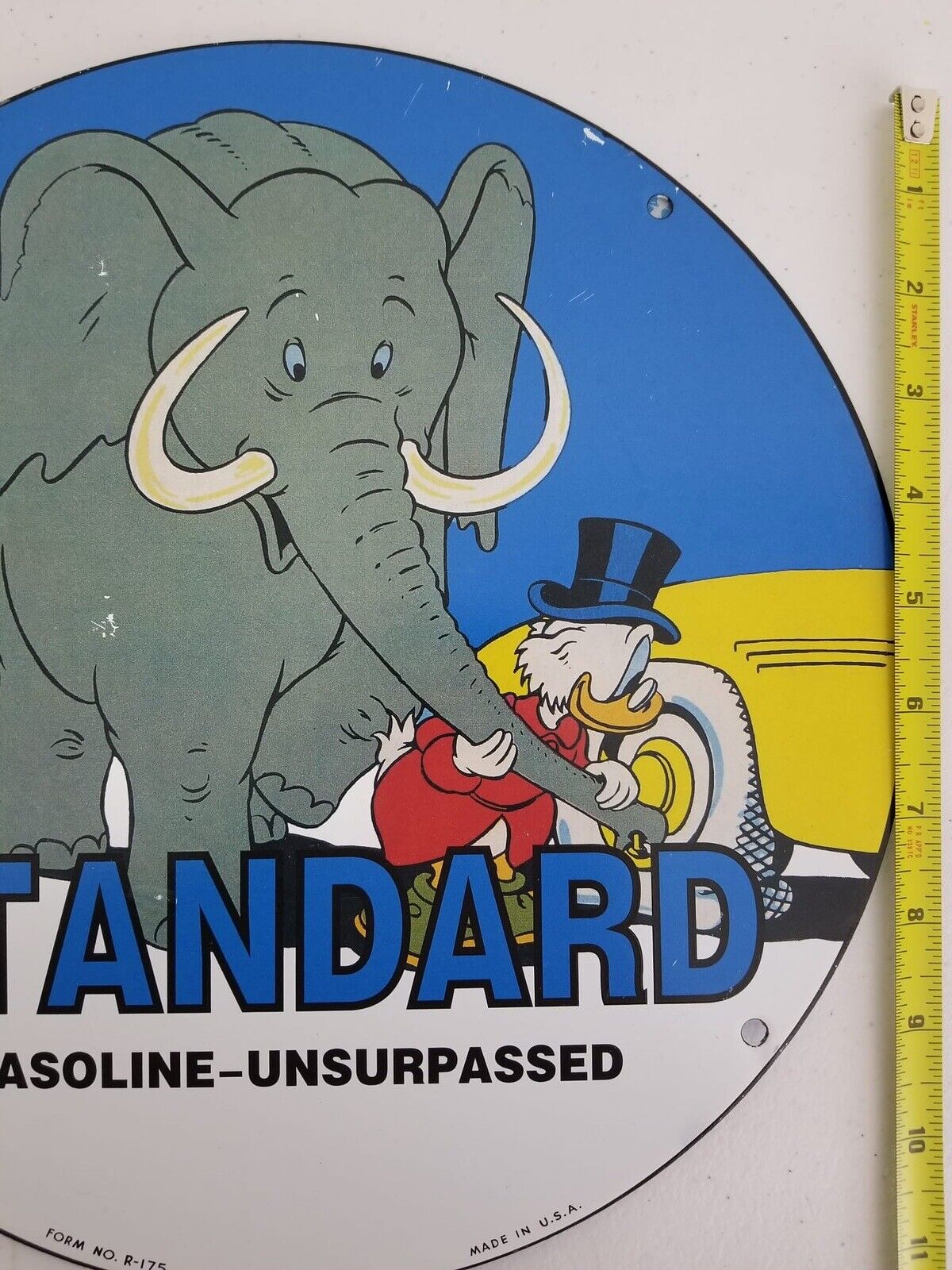Vintage 1940s Disney Donald Duck & Elephant STANDARD Gasoline Porcelain Sign - 10" Disneyland Collectible - TreasuTiques