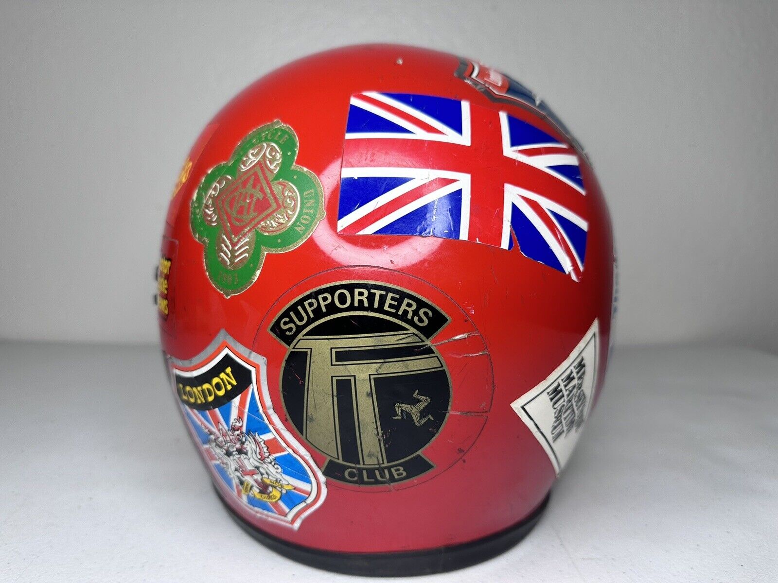Vintage 1980s Shoei Racing Motorcycle Helmet - Red, Stickered Collectible (Size 7 1/8 - 7 1/4) - TreasuTiques