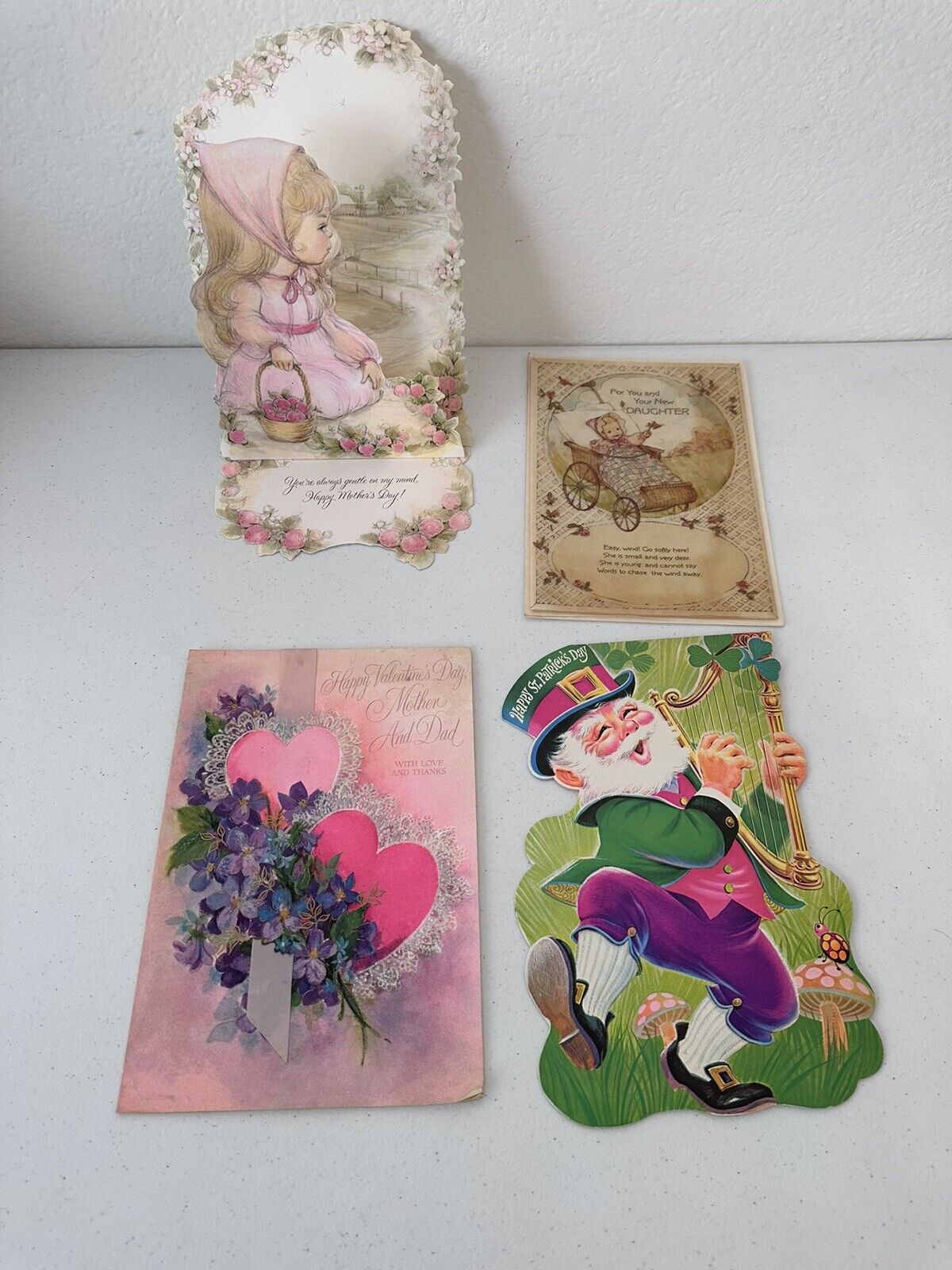 Vintage Charm Set of 4 Greeting Cards from the 60s and 70s - Valentine's Day, St. Patrick's Day, & New Baby - TreasuTiques