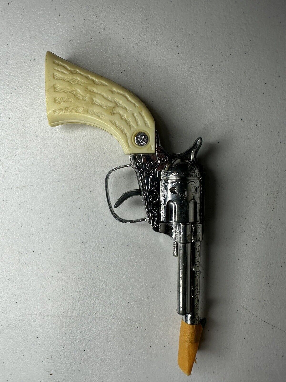 Vintage Kusan Inc. Western Six Shooter Toy Cap Gun #280 with Ornate Leather Holster - TreasuTiques