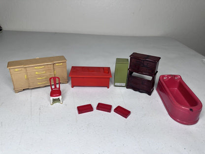 Vintage Dollhouse Furniture Lot - Unique Miniature Chair, Fridge, Drawers, and Bathtub Set - Perfect for Parts or Restoration Projects - TreasuTiques