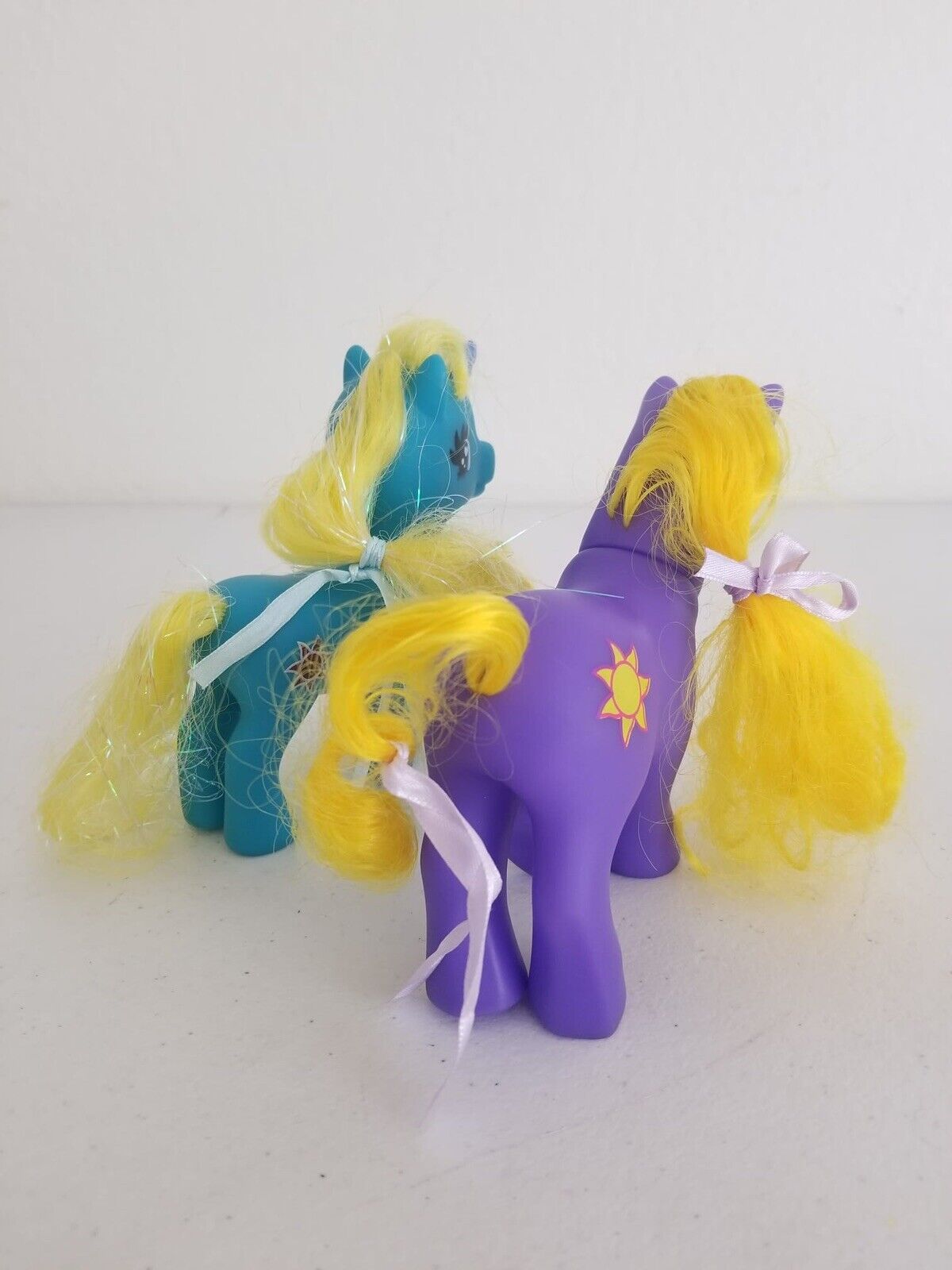 Charming Vintage Gi-Go Fakie Wonder Pony Land Unicorns - Purple with Sun Emblem & Blue with Yellow Mane - TreasuTiques