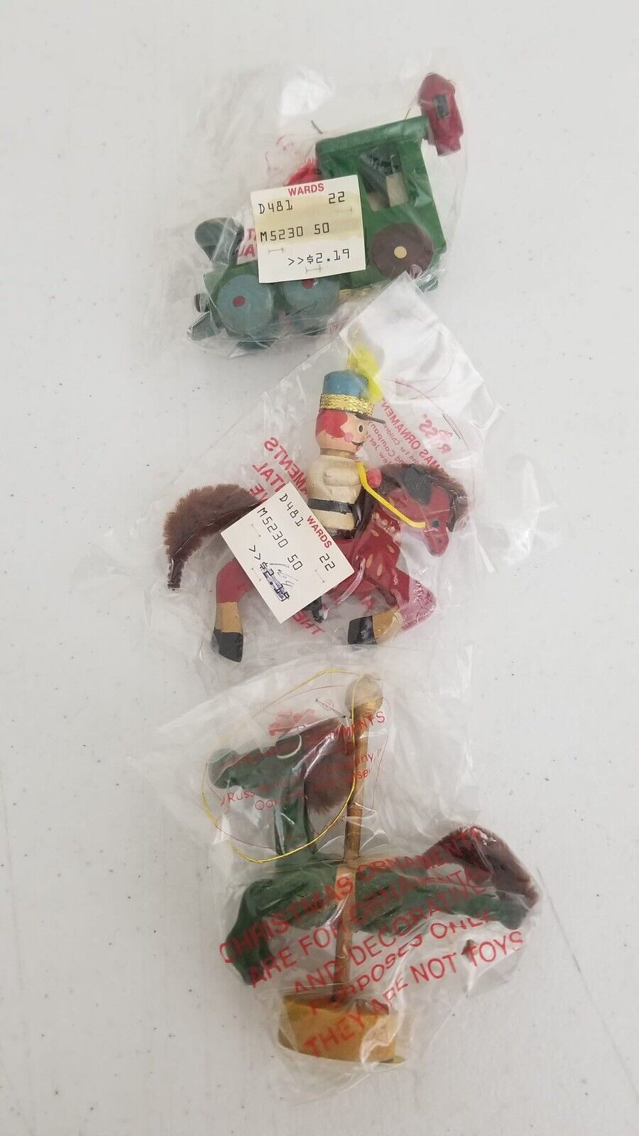 Rare Vintage Christmas Ornaments Set of 3 - Handcrafted Wooden Collectibles in Original Sealed Packaging - TreasuTiques