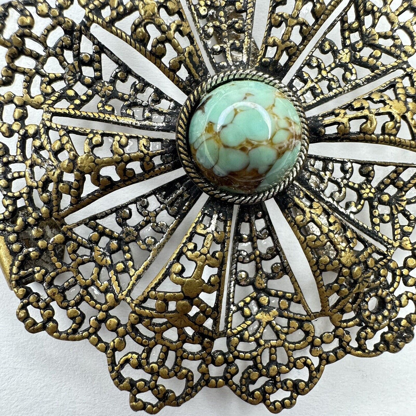 Elegant Vintage Art Deco Filigree Brooch with Turquoise Glass Cabochon – Exquisite Antique Jewelry Clip Pin - TreasuTiques